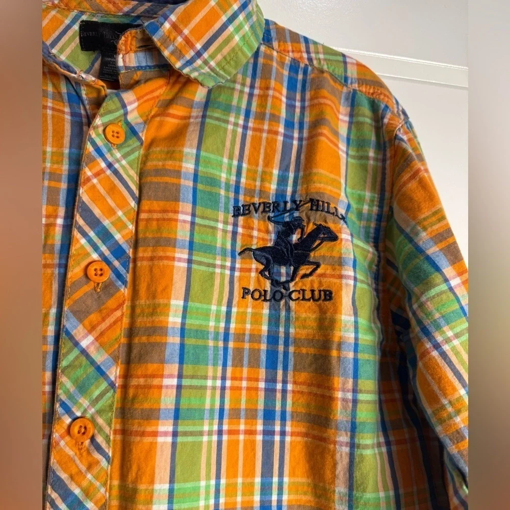 Beverly Hills Polo Club Orange Blue plaid Button Down Shirt elbow patches